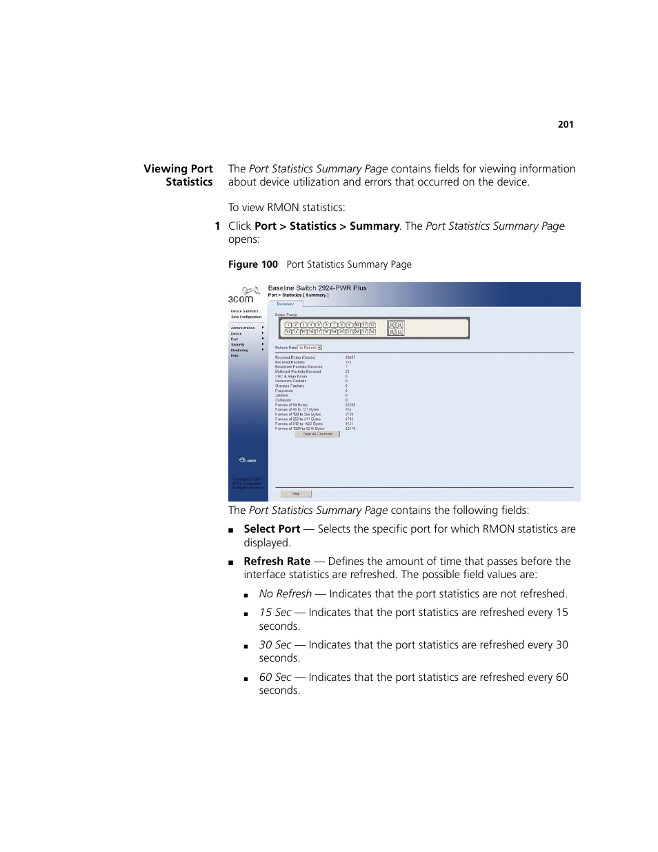Viewing port statistics | 3Com 2924-PWR User Manual | Page 201 / 248