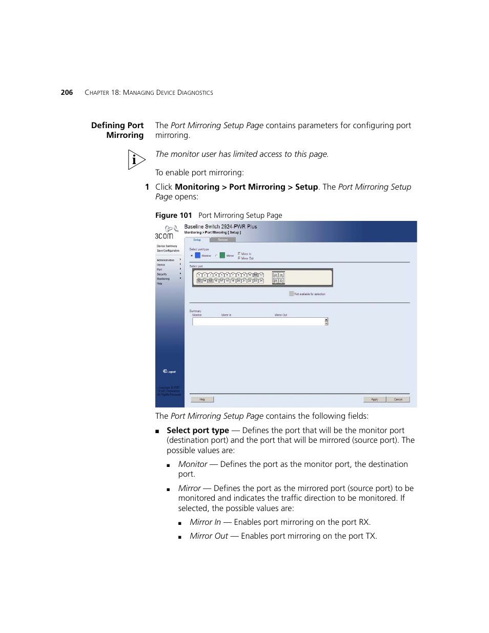 Defining port mirroring | 3Com 2924-PWR User Manual | Page 206 / 248