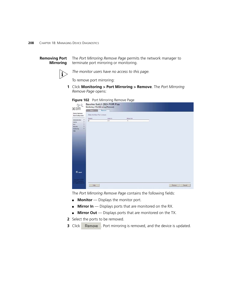 Removing port mirroring | 3Com 2924-PWR User Manual | Page 208 / 248