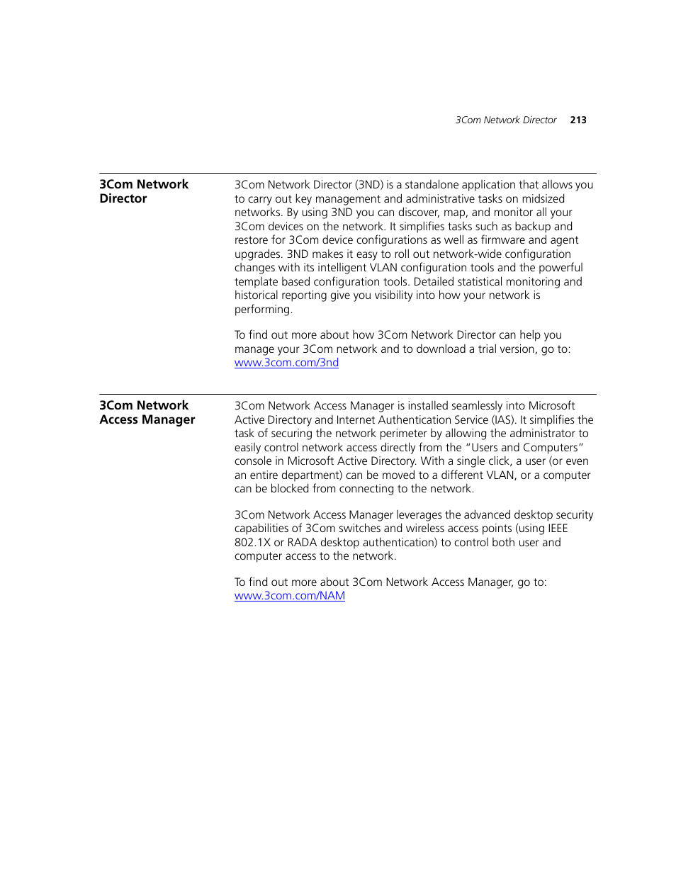 3com network director, 3com network access manager, 3com network director 3com network access manager | 3Com 2924-PWR User Manual | Page 213 / 248
