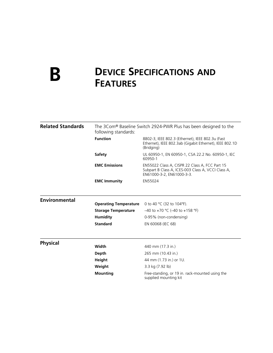Device specifications and features, Related standards, Environmental | Physical, Evice, Pecifications, Eatures, Related standards environmental physical | 3Com 2924-PWR User Manual | Page 215 / 248