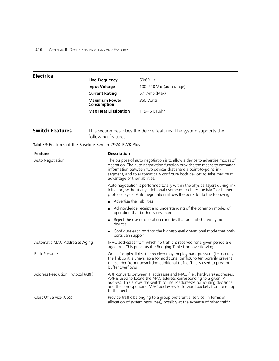 Electrical, Switch features, Electrical switch features | 3Com 2924-PWR User Manual | Page 216 / 248