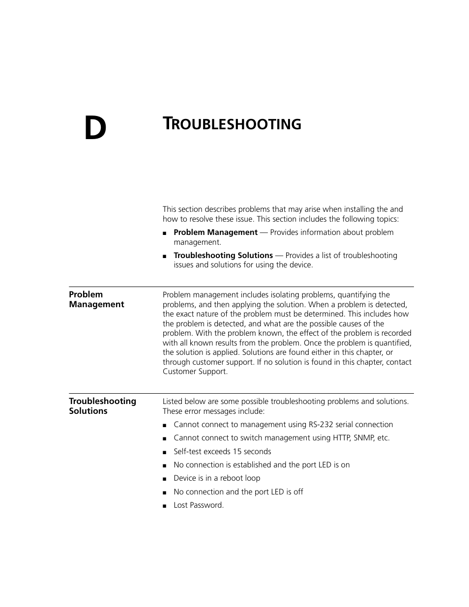 Troubleshooting, Problem management, Troubleshooting solutions | Roubleshooting, Problem management troubleshooting solutions | 3Com 2924-PWR User Manual | Page 224 / 248