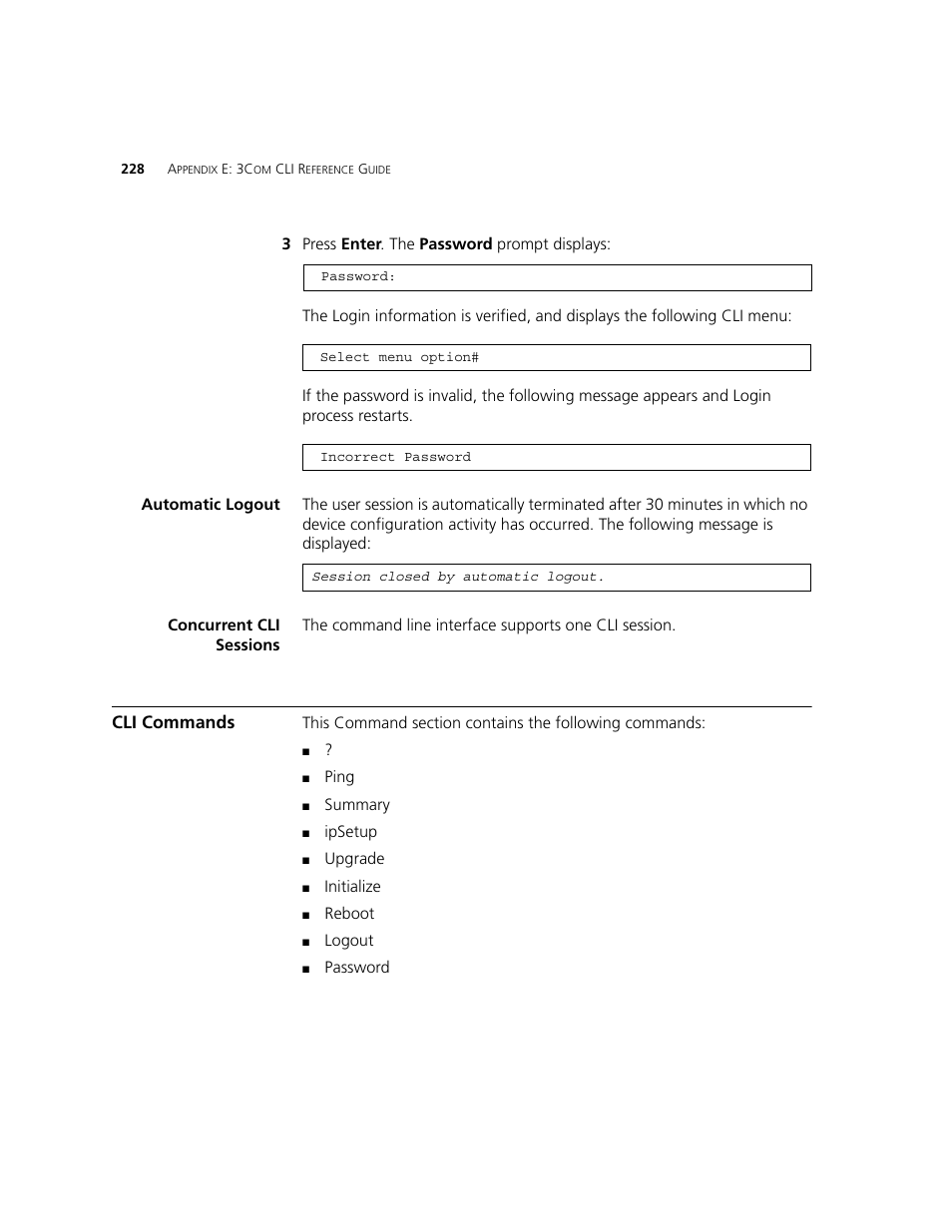 Automatic logout, Concurrent cli sessions, Cli commands | Automatic logout concurrent cli sessions | 3Com 2924-PWR User Manual | Page 228 / 248