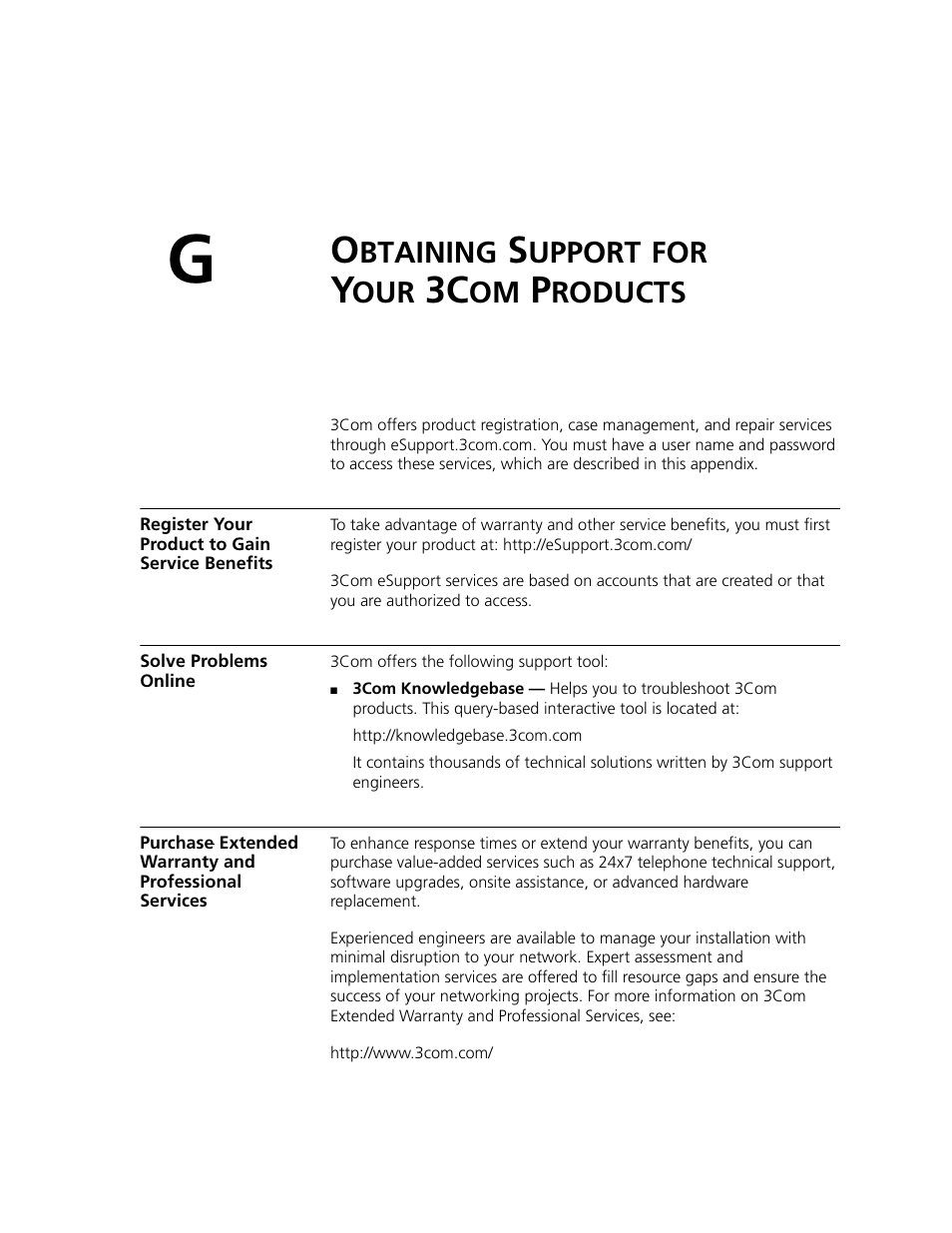 Obtaining support for your 3com products, Register your product to gain service benefits, Solve problems online | Btaining, Upport, Roducts | 3Com 2924-PWR User Manual | Page 244 / 248