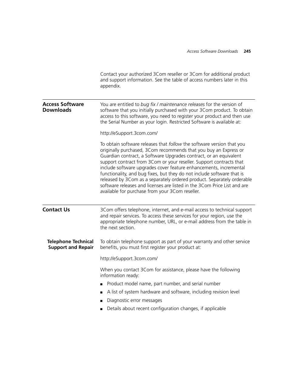 Access software downloads, Contact us, Telephone technical support and repair | Access software downloads contact us | 3Com 2924-PWR User Manual | Page 245 / 248