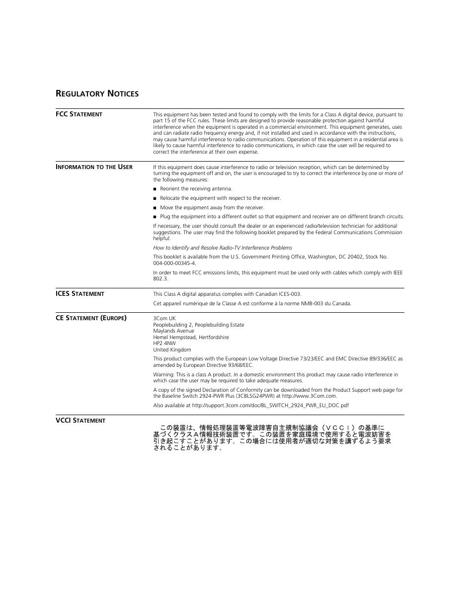Regulatory notices, Egulatory, Otices | 3Com 2924-PWR User Manual | Page 248 / 248