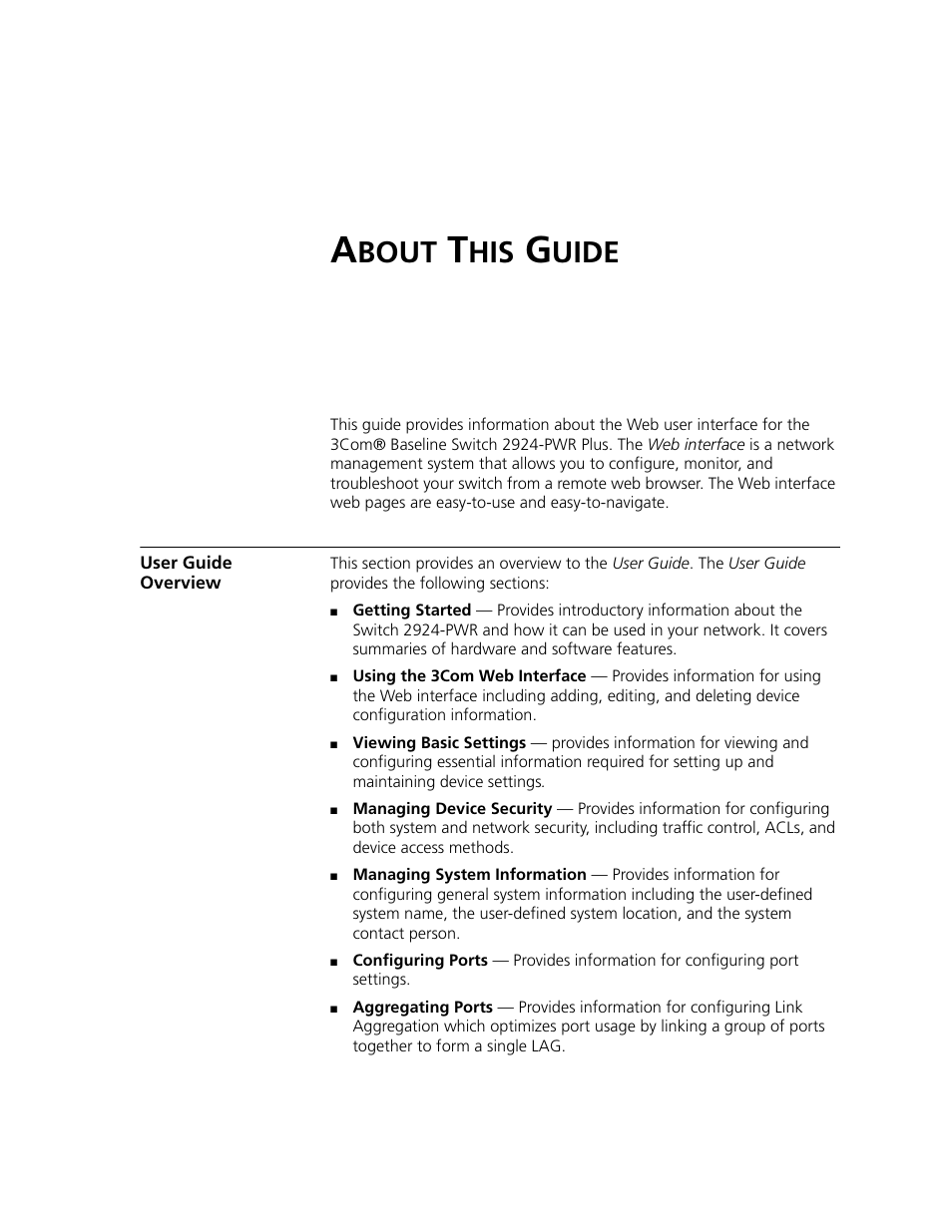 About this guide, User guide overview, Bout | Uide | 3Com 2924-PWR User Manual | Page 3 / 248