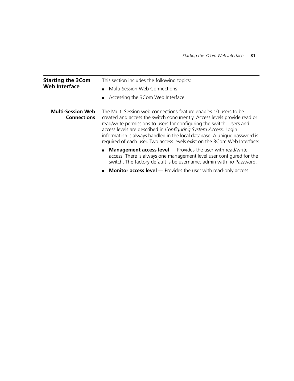 Starting the 3com web interface, Multi-session web connections | 3Com 2924-PWR User Manual | Page 31 / 248