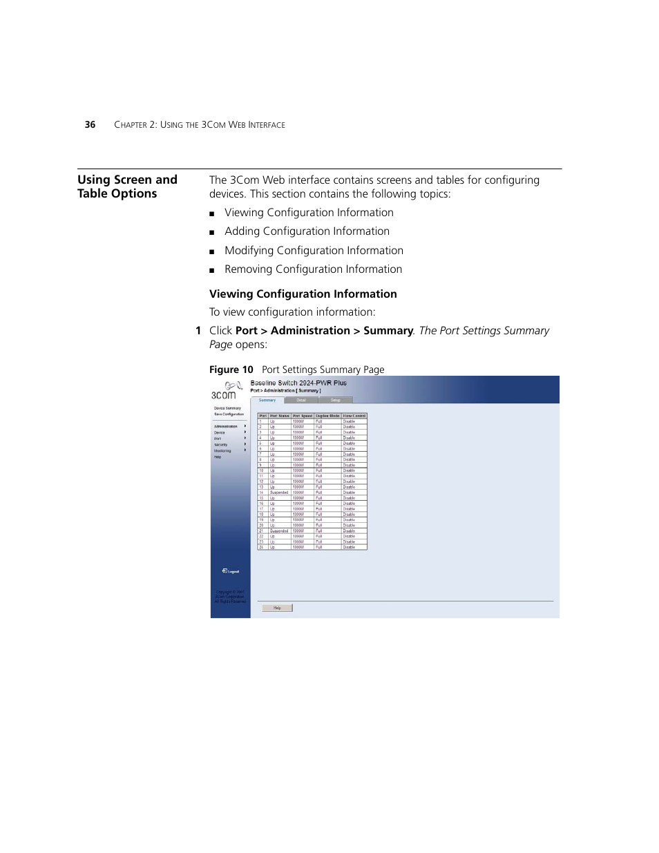 Using screen and table options | 3Com 2924-PWR User Manual | Page 36 / 248