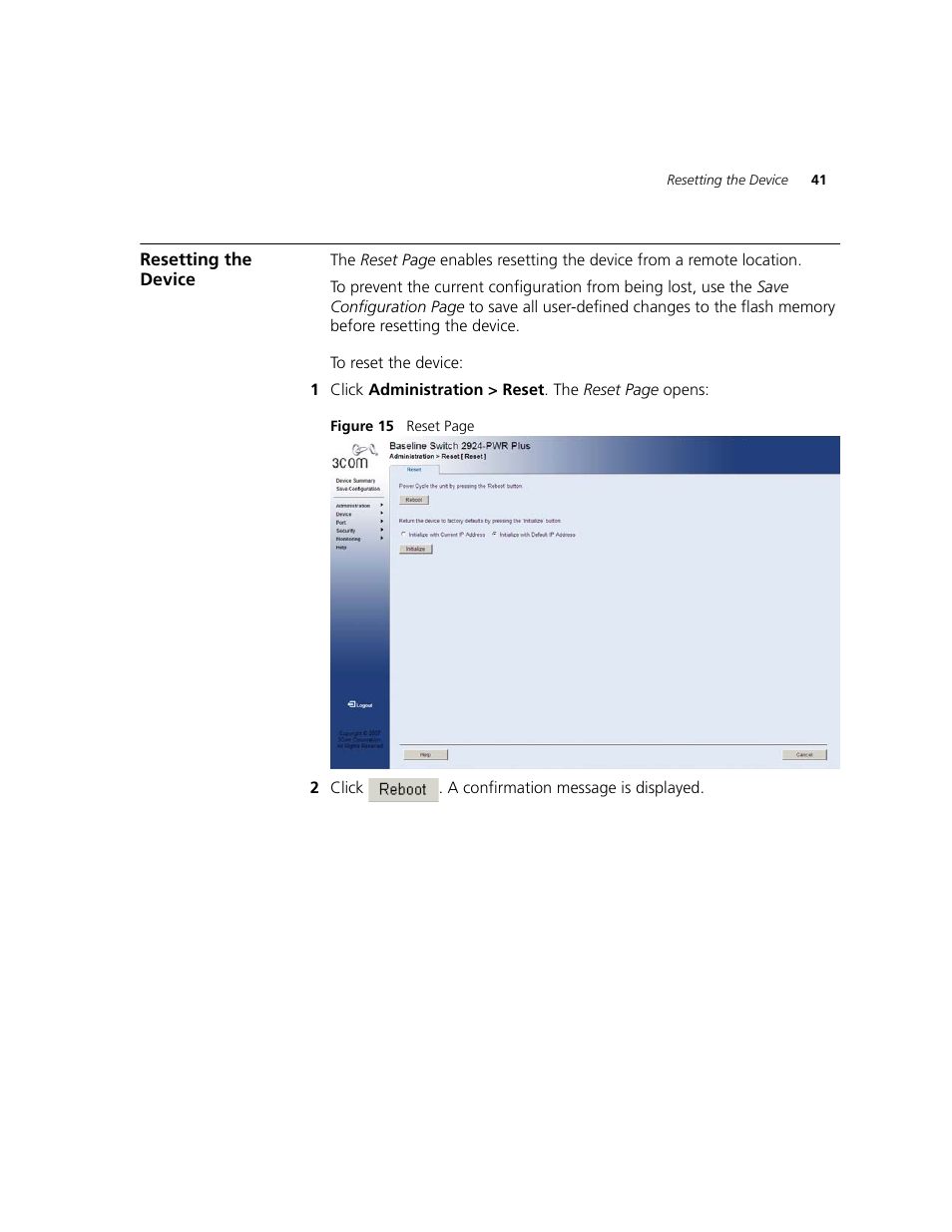 Resetting the device | 3Com 2924-PWR User Manual | Page 41 / 248