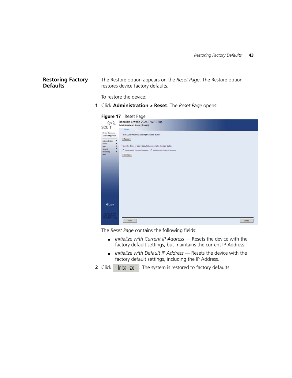 Restoring factory defaults | 3Com 2924-PWR User Manual | Page 43 / 248