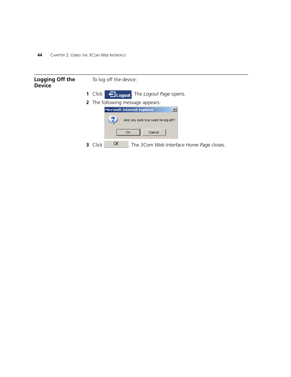 Logging off the device | 3Com 2924-PWR User Manual | Page 44 / 248