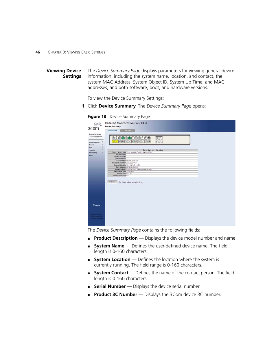 Viewing device settings | 3Com 2924-PWR User Manual | Page 46 / 248