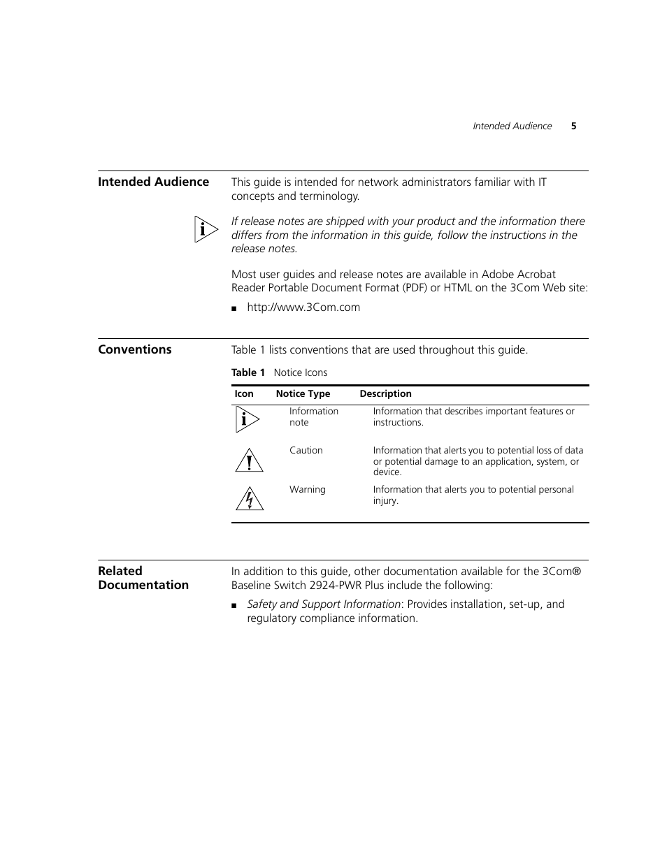 Intended audience, Conventions, Related documentation | 3Com 2924-PWR User Manual | Page 5 / 248