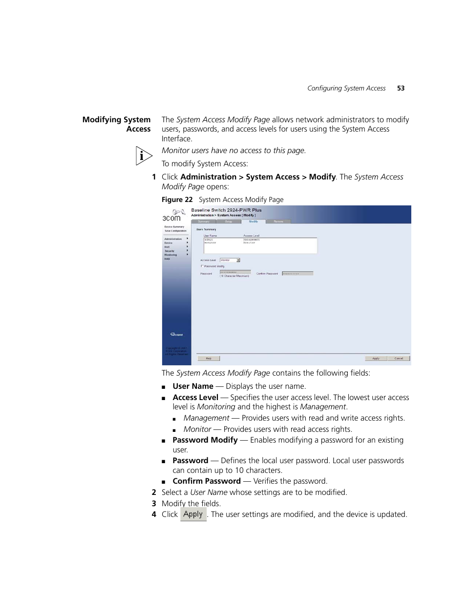 Modifying system access | 3Com 2924-PWR User Manual | Page 53 / 248