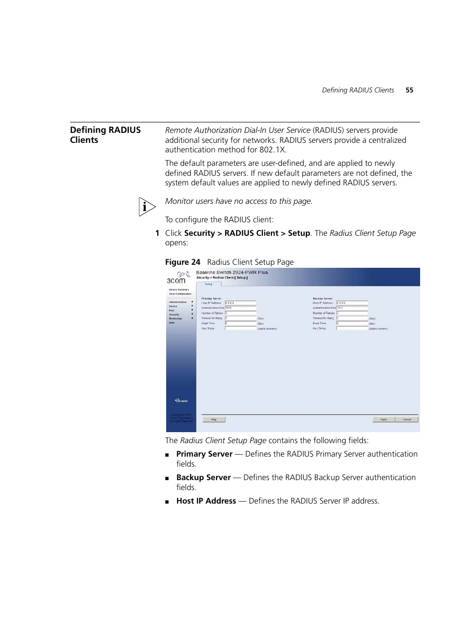 Defining radius clients | 3Com 2924-PWR User Manual | Page 55 / 248