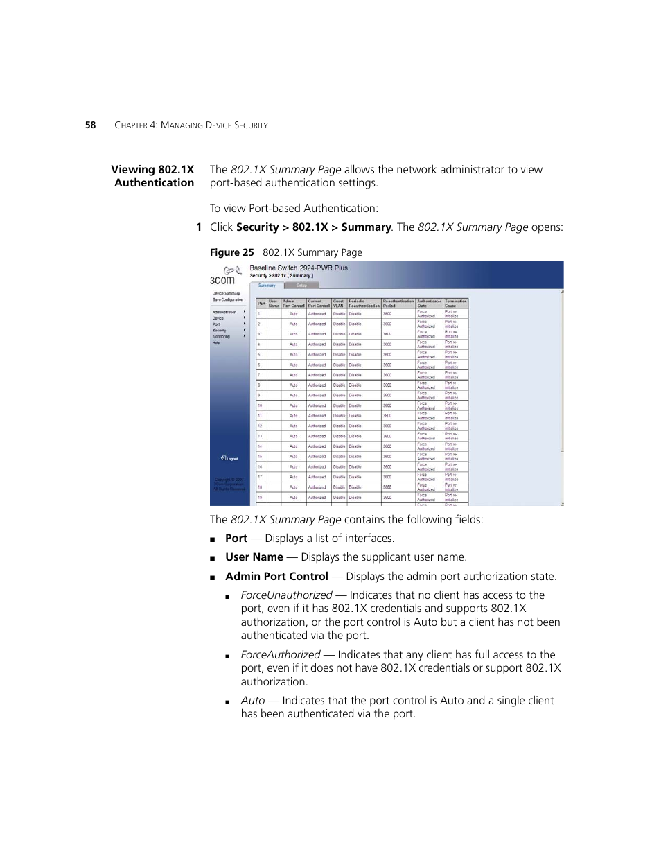 Viewing 802.1x authentication | 3Com 2924-PWR User Manual | Page 58 / 248