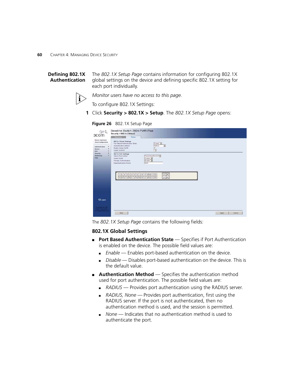 Defining 802.1x authentication, 1x global settings | 3Com 2924-PWR User Manual | Page 60 / 248