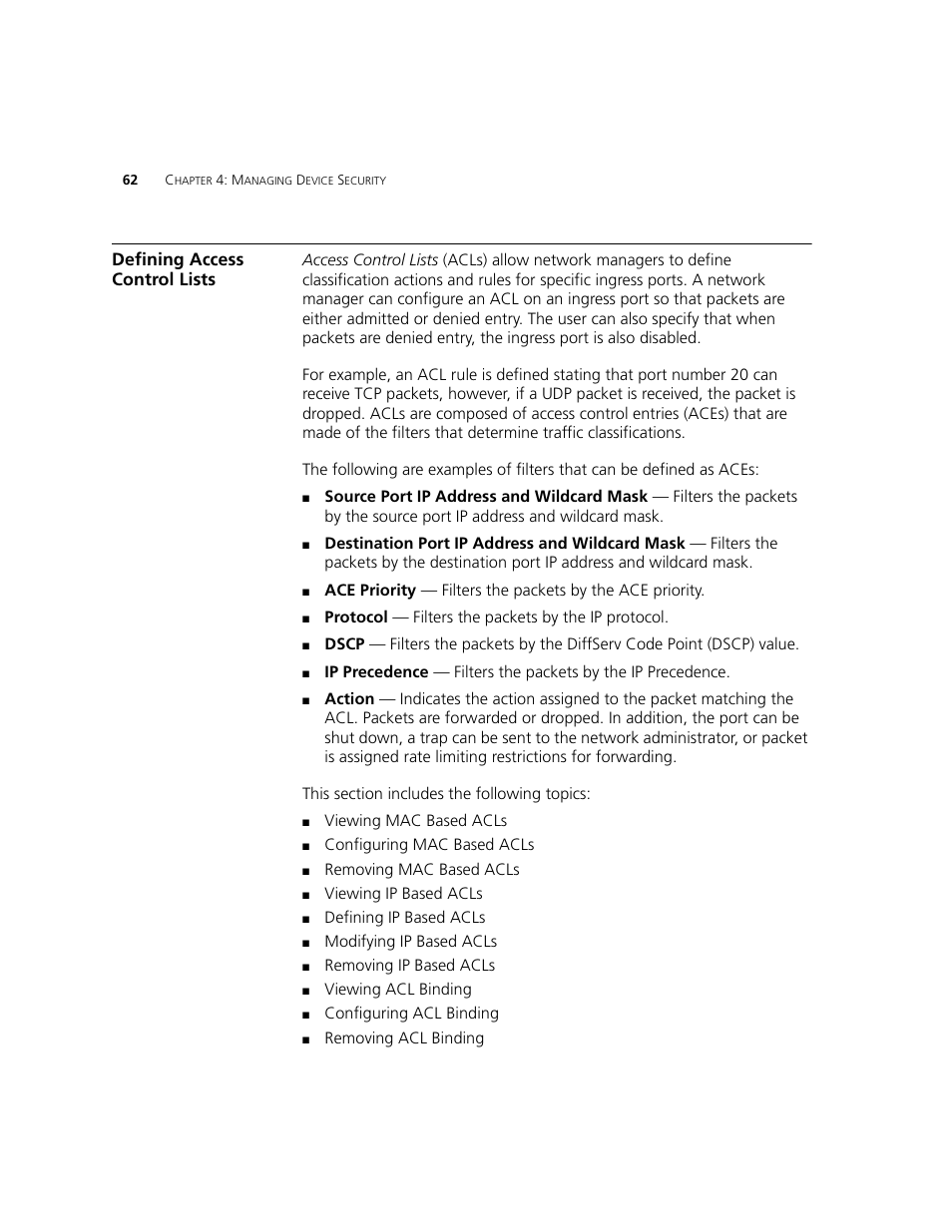 Defining access control lists | 3Com 2924-PWR User Manual | Page 62 / 248