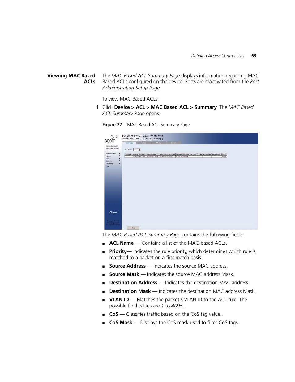 Viewing mac based acls | 3Com 2924-PWR User Manual | Page 63 / 248