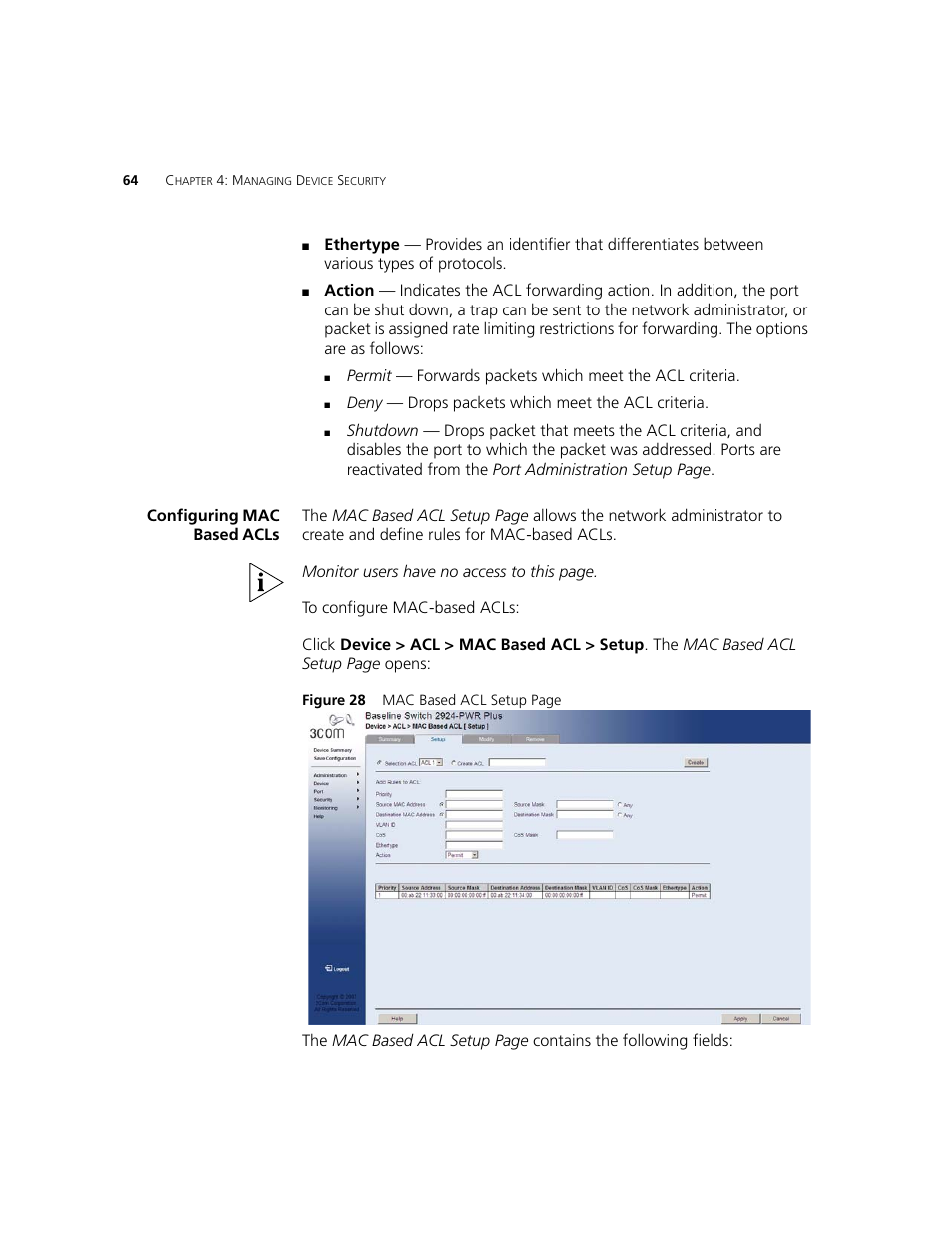 Configuring mac based acls | 3Com 2924-PWR User Manual | Page 64 / 248