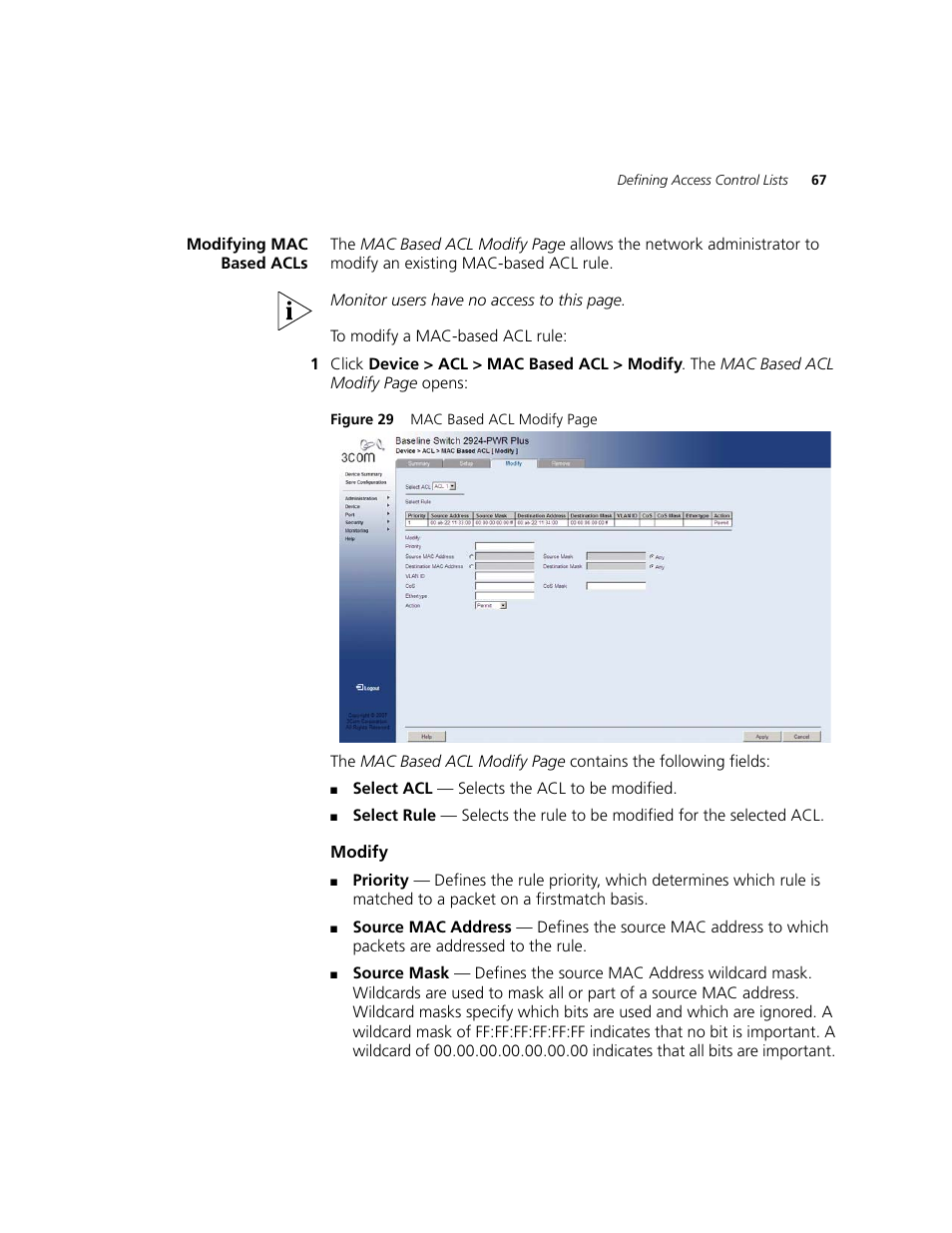 Modifying mac based acls | 3Com 2924-PWR User Manual | Page 67 / 248