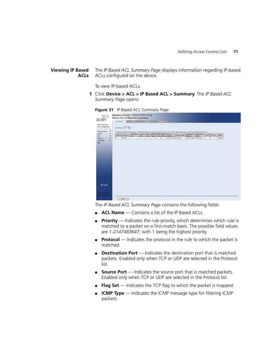 Viewing ip based acls | 3Com 2924-PWR User Manual | Page 71 / 248