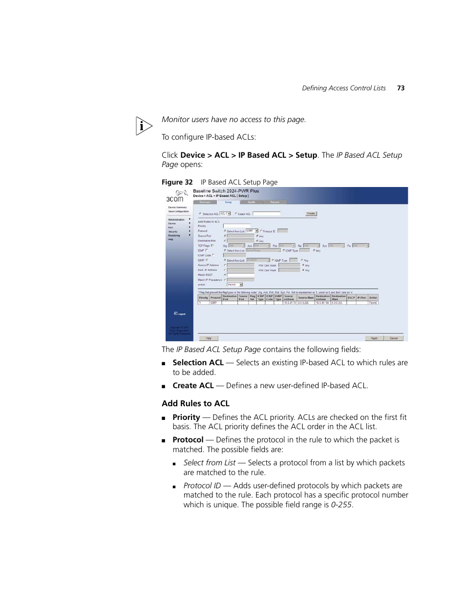 Add rules to acl | 3Com 2924-PWR User Manual | Page 73 / 248