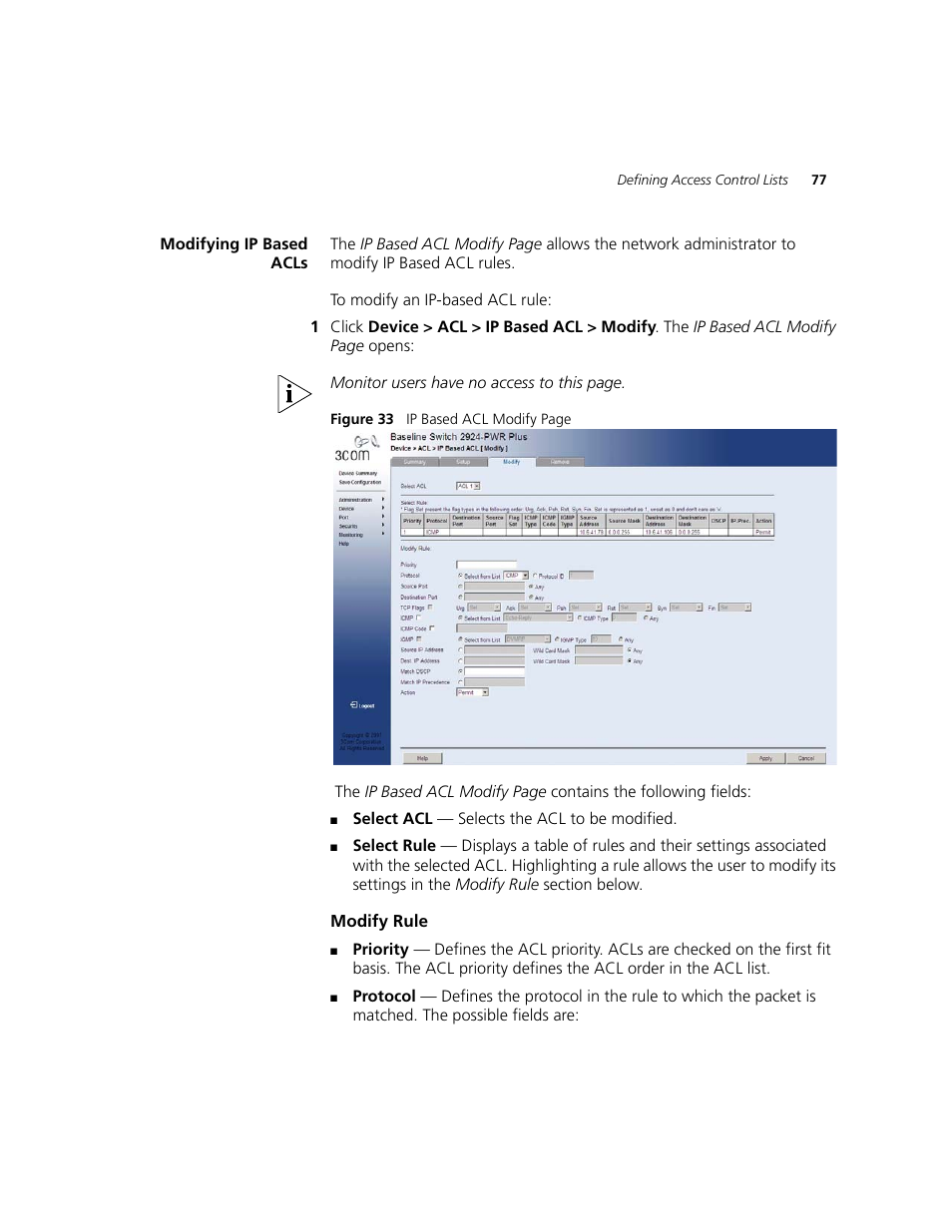 Modifying ip based acls | 3Com 2924-PWR User Manual | Page 77 / 248