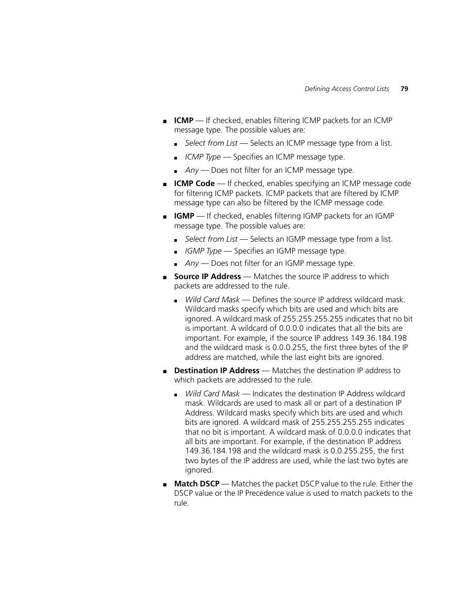 Icmp type — specifies an icmp message type, Any — does not filter for an icmp message type, Igmp type — specifies an igmp message type | Any — does not filter for an igmp message type | 3Com 2924-PWR User Manual | Page 79 / 248