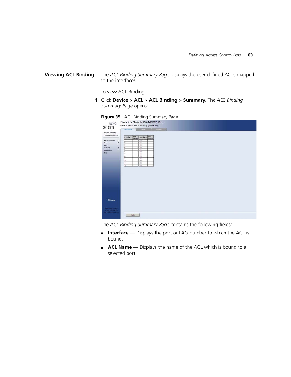 Viewing acl binding | 3Com 2924-PWR User Manual | Page 83 / 248
