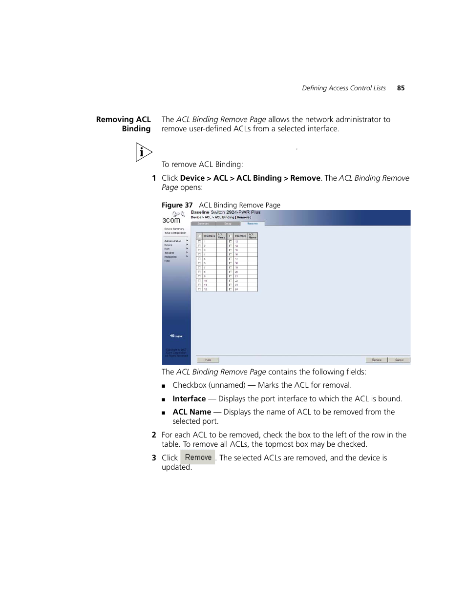 Removing acl binding | 3Com 2924-PWR User Manual | Page 85 / 248