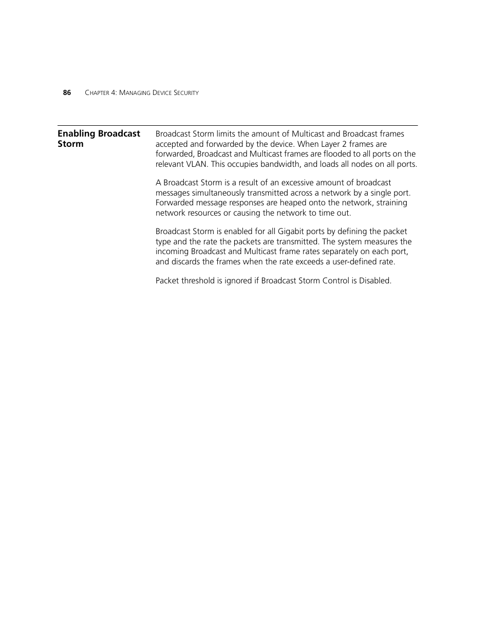 Enabling broadcast storm | 3Com 2924-PWR User Manual | Page 86 / 248