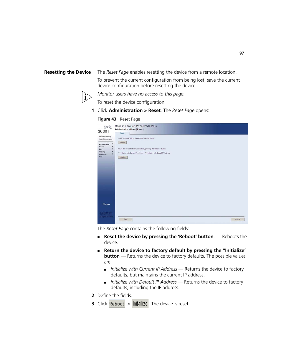 Resetting the device | 3Com 2924-PWR User Manual | Page 97 / 248