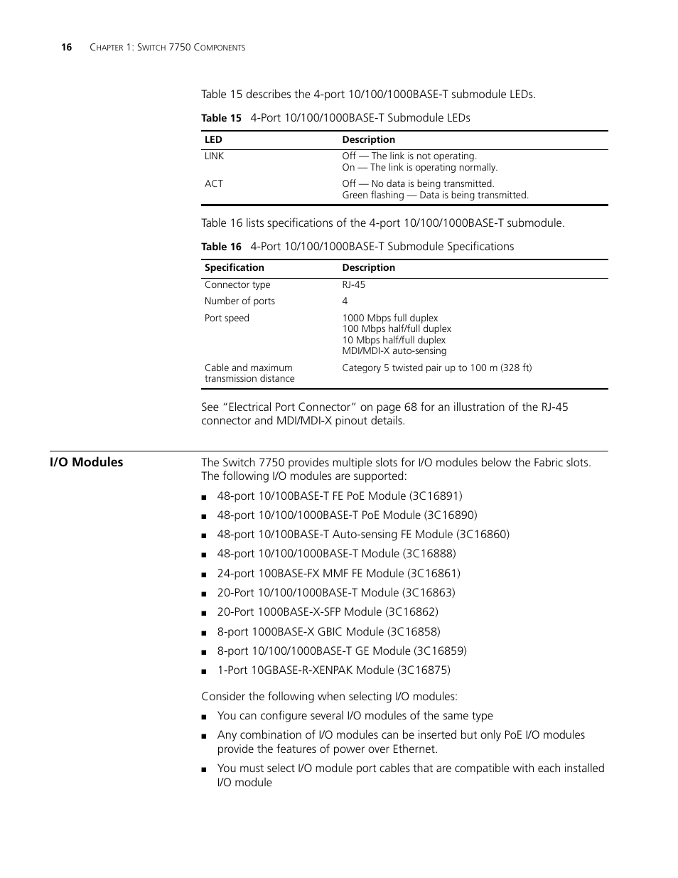 I/o modules, I/o modules 16 | 3Com 3C16895 User Manual | Page 16 / 74