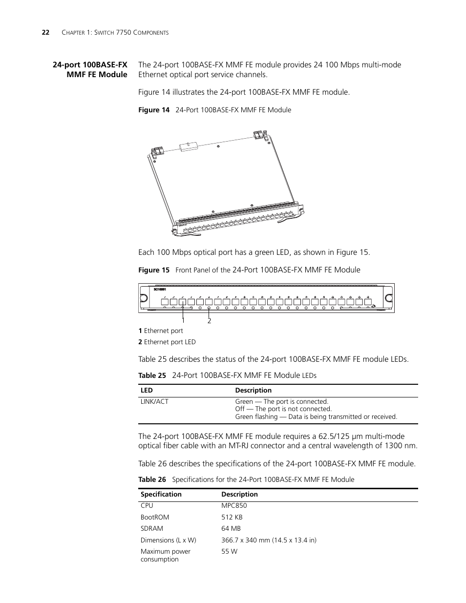 Port 100base-fx mmf fe module, Port 100base-fx mmf fe module 22, Port 100base-fx mmf fe module (3c168 | 3Com 3C16895 User Manual | Page 22 / 74