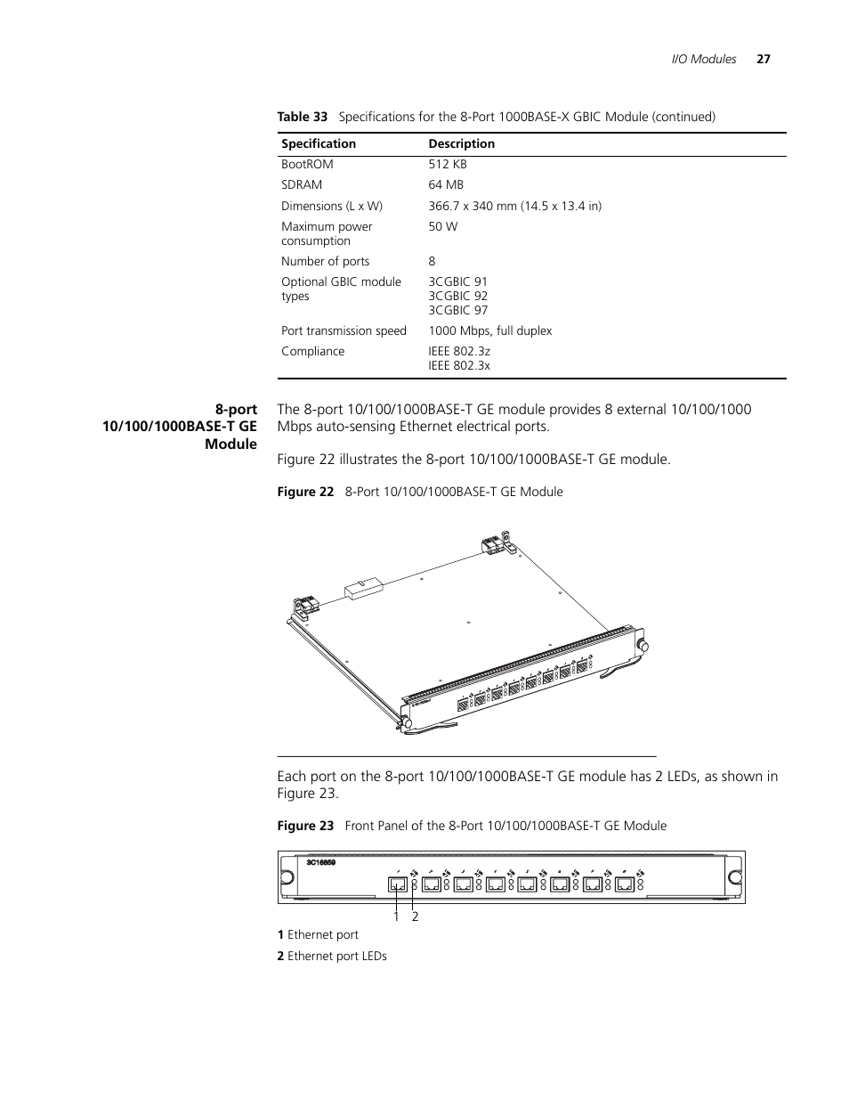 Port 10/100/1000base-t ge module, Port 10/100/1000base-t ge module 27, Port 10/100/1000base-t ge module (3c1685 | 3Com 3C16895 User Manual | Page 27 / 74