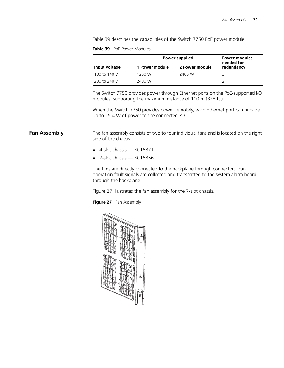 Fan assembly, Fan assembly 31 | 3Com 3C16895 User Manual | Page 31 / 74