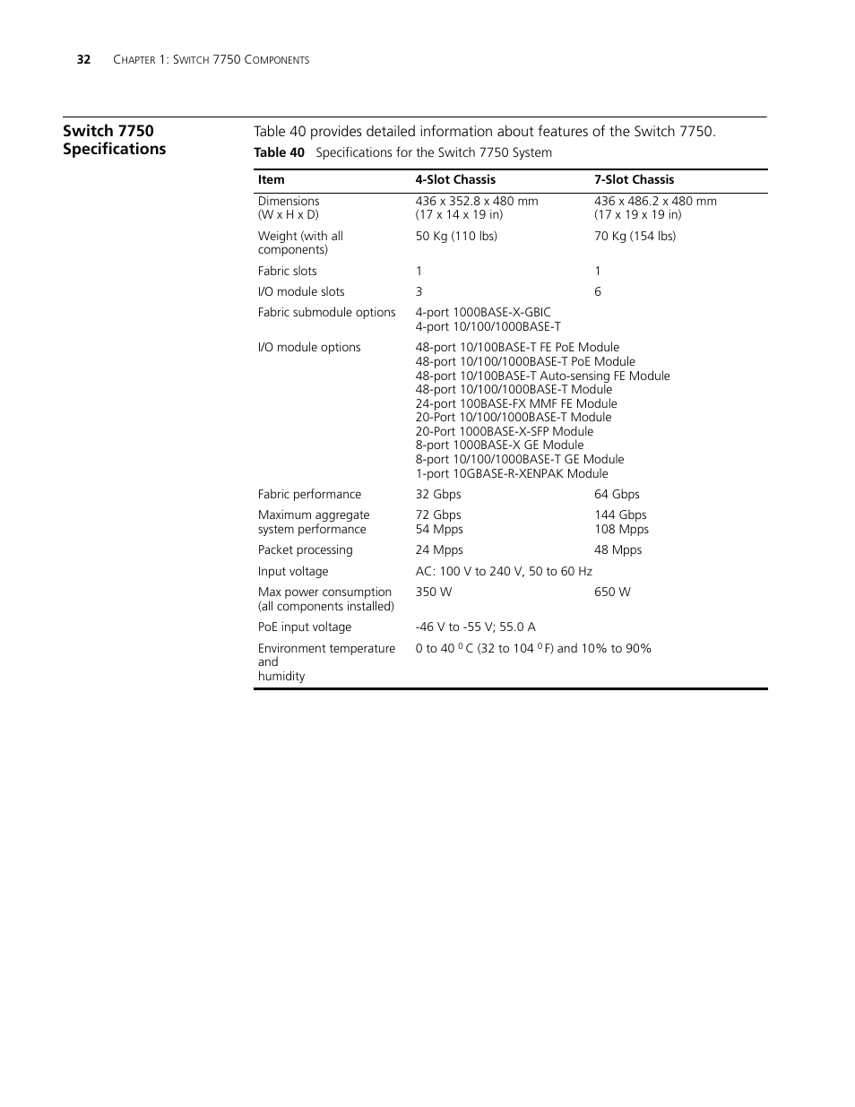 Switch 7750 specifications, Switch 7750 specifications 32 | 3Com 3C16895 User Manual | Page 32 / 74