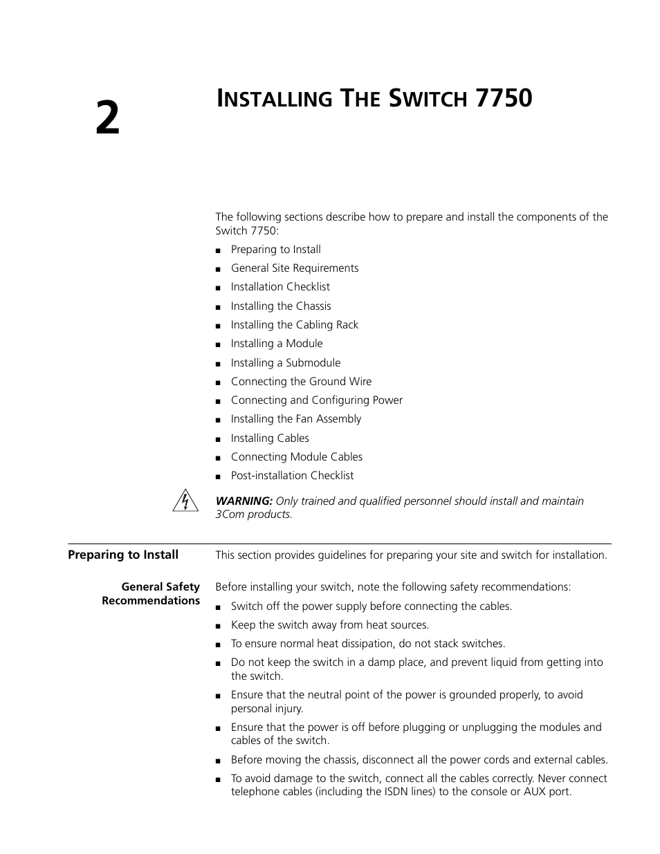 Installing the switch 7750, Preparing to install, General safety recommendations | Nstalling, Witch, Preparing to install 33, General safety recommendations 33 | 3Com 3C16895 User Manual | Page 33 / 74