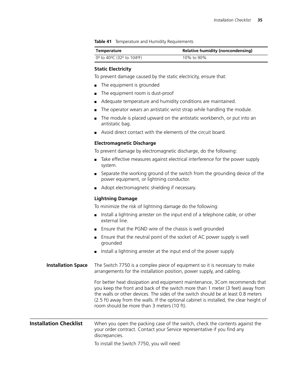 Installation space, Installation checklist, Installation space 35 | Installation checklist 35 | 3Com 3C16895 User Manual | Page 35 / 74