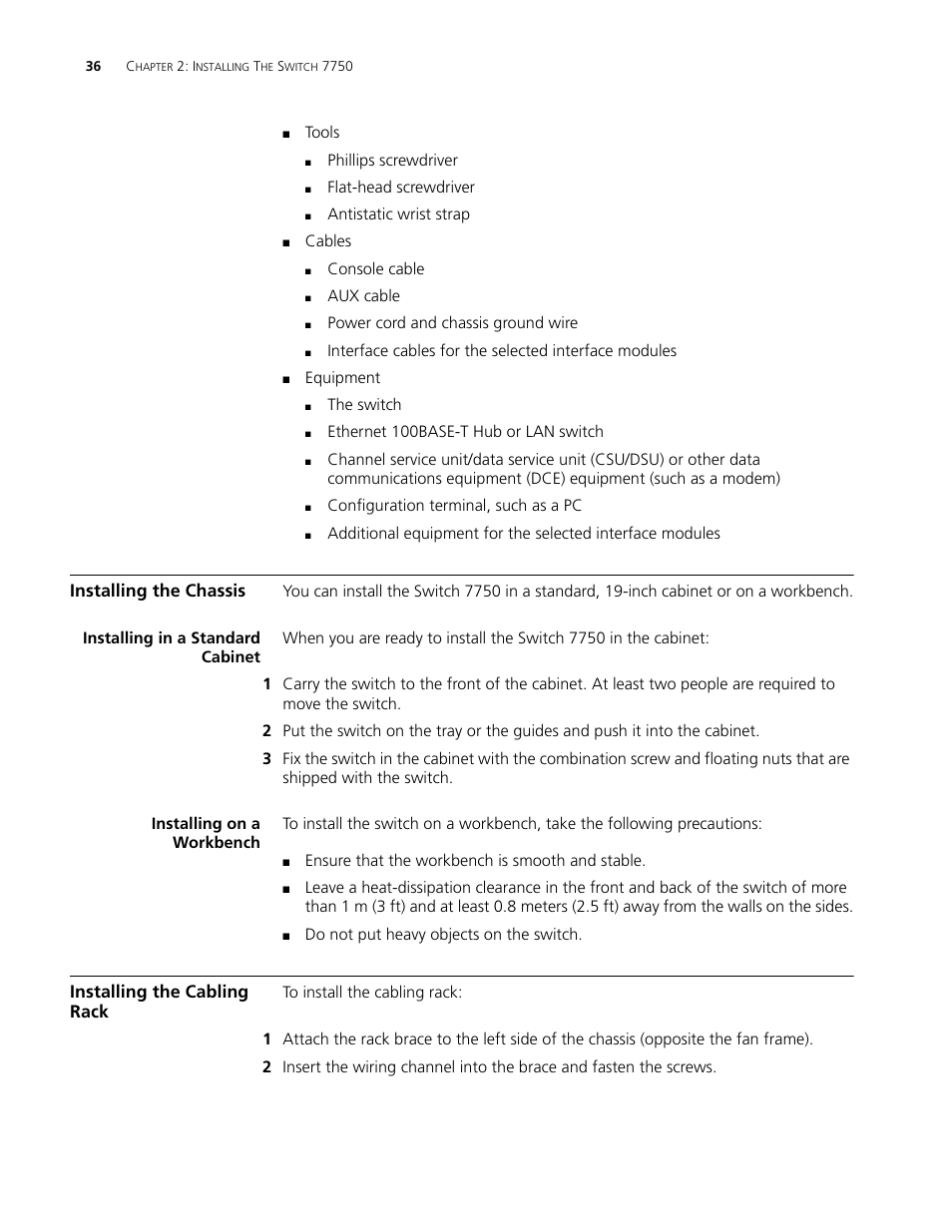 Installing the chassis, Installing in a standard cabinet, Installing on a workbench | Installing the cabling rack, Installing the chassis 36, Installing the cabling rack 36 | 3Com 3C16895 User Manual | Page 36 / 74