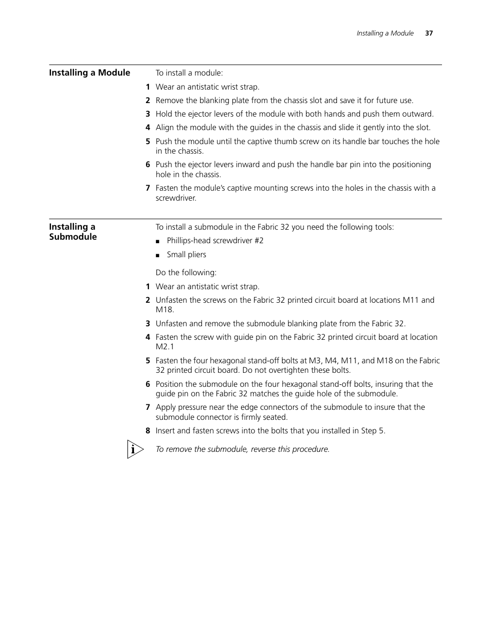 Installing a module, Installing a submodule, Installing a module 37 installing a submodule 37 | 3Com 3C16895 User Manual | Page 37 / 74