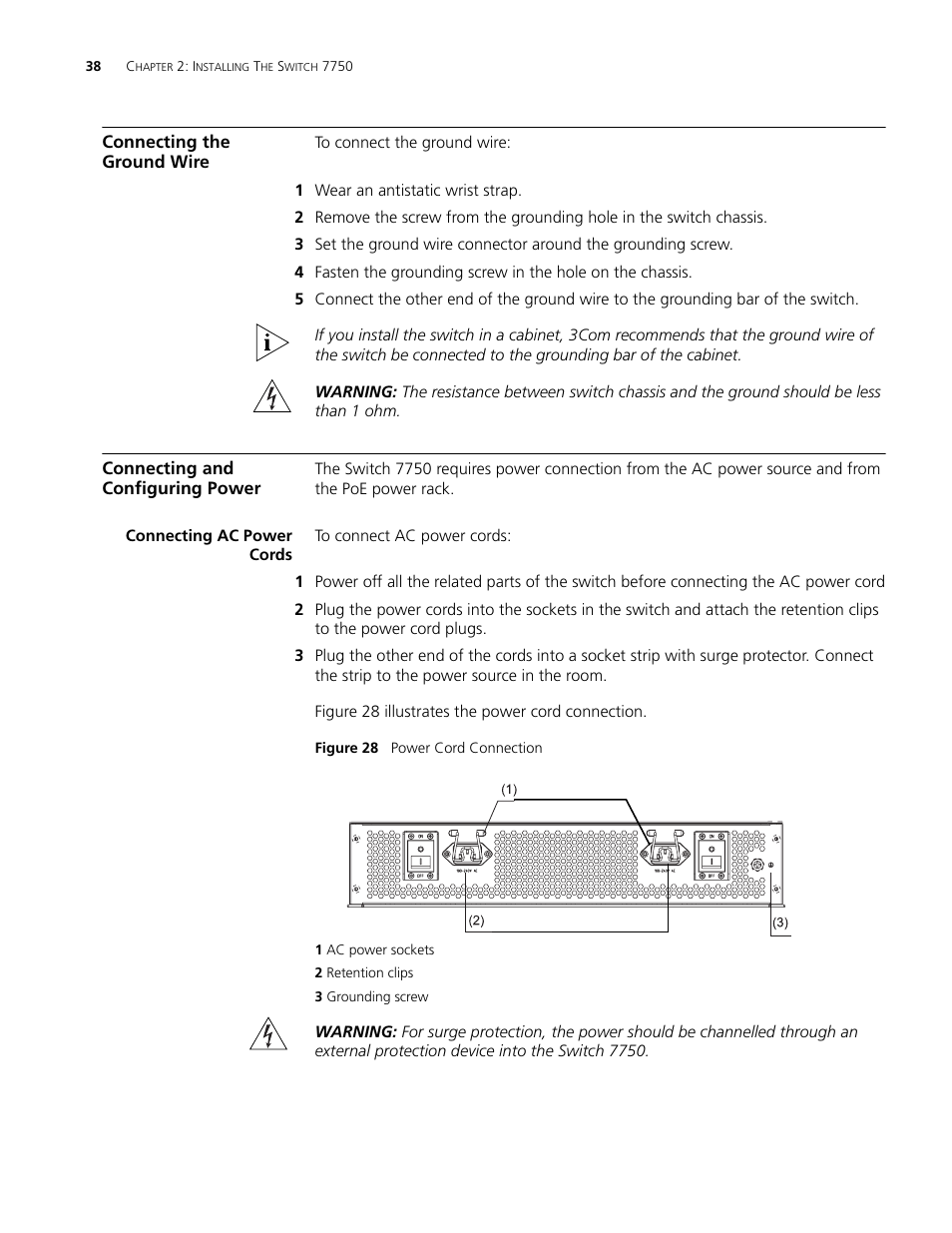 Connecting the ground wire, Connecting and configuring power, Connecting ac power cords | Connecting ac power cords 38 | 3Com 3C16895 User Manual | Page 38 / 74