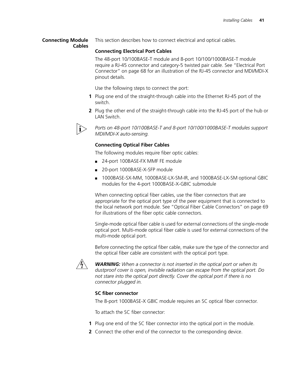 Connecting module cables, Connecting module cables 41 | 3Com 3C16895 User Manual | Page 41 / 74