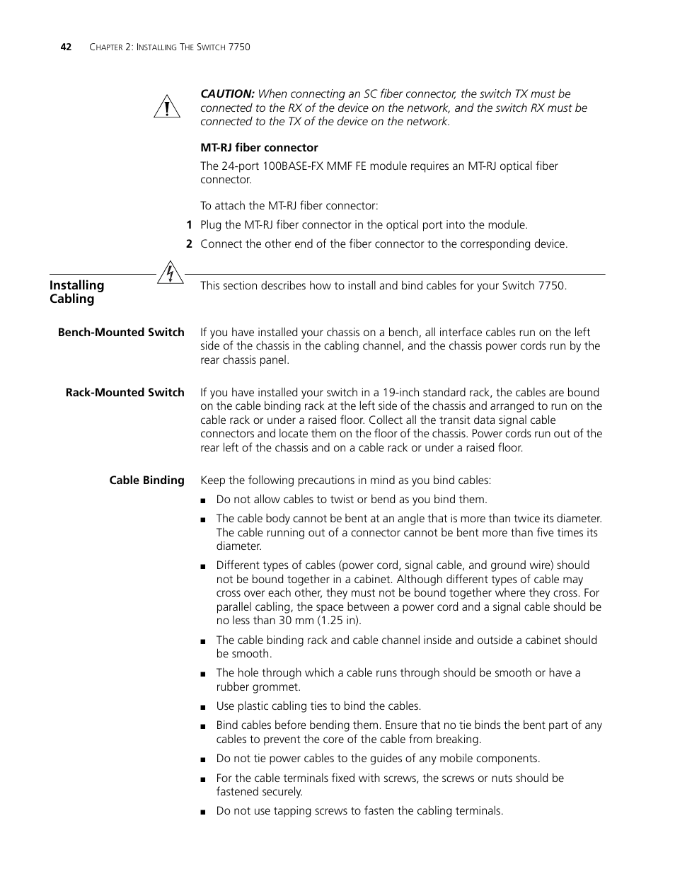 Installing cabling, Bench-mounted switch, Rack-mounted switch | Cable binding, Installing cabling 42 | 3Com 3C16895 User Manual | Page 42 / 74