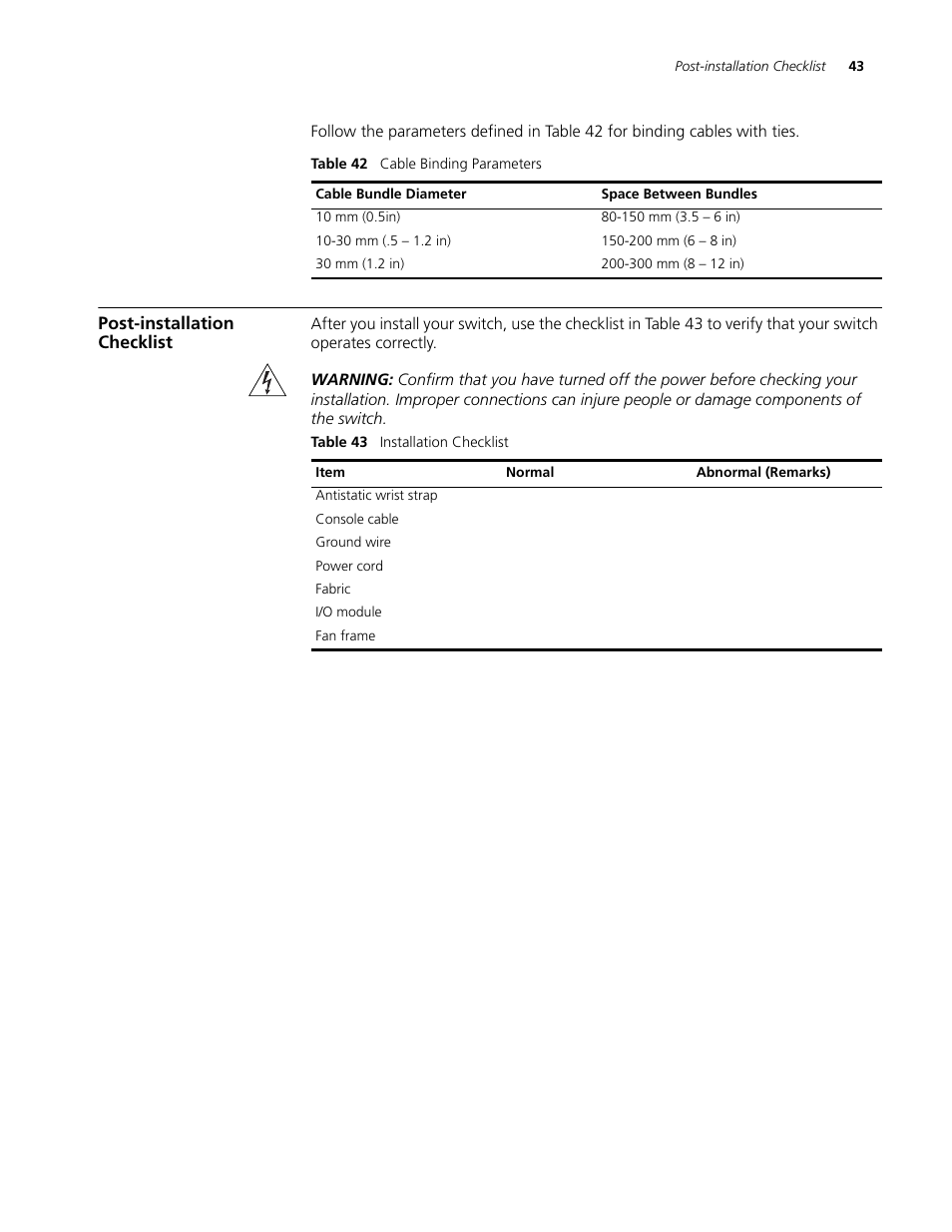 Post-installation checklist, Post-installation checklist 43 | 3Com 3C16895 User Manual | Page 43 / 74