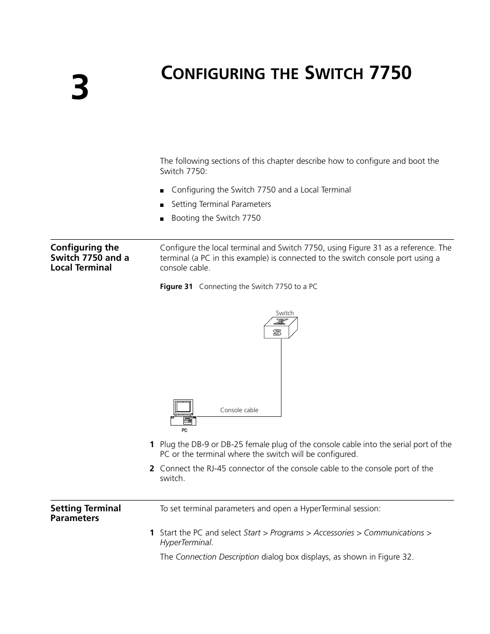 Configuring the switch 7750, Configuring the switch 7750 and a local terminal, Setting terminal parameters | Onfiguring, Witch | 3Com 3C16895 User Manual | Page 45 / 74