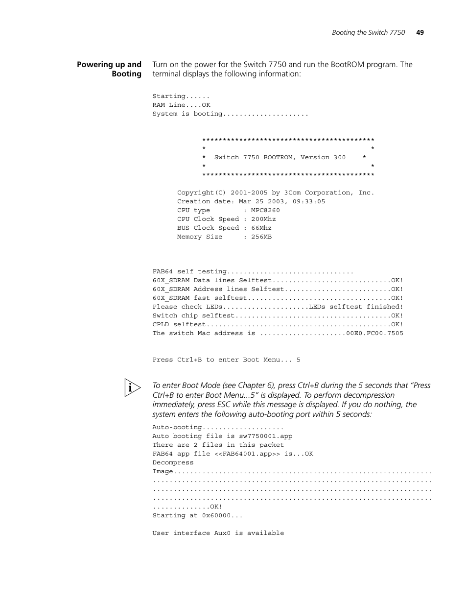 Powering up and booting, Powering up and booting 49 | 3Com 3C16895 User Manual | Page 49 / 74